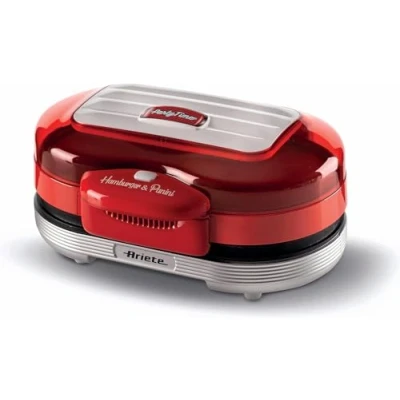 Image de Ariete Machine à Hamburger Party Time 205, Gril Électrique avec Deux Plaques Antiadhésives, 2 Compartiments de Chauffage, Facile Nettoyer, 1200 W, Rouge