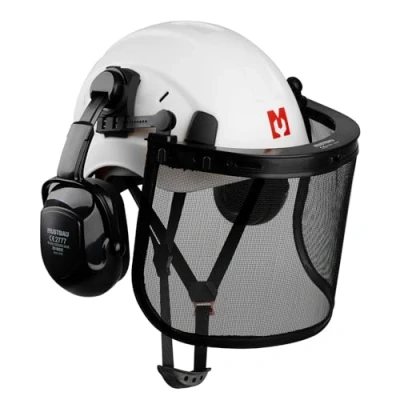 Image de Mustbau Casque de Sécurité pour Tronçonneuse, Protection avec Coquilles Antibruit et Visière en Maille, 53 à 63cm Tour Tête Réglable Convient Forestière, Chantier, Travail Blanc