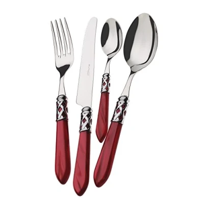 Image de BUGATTI, Aladdin, Ensemble de 49 couverts en acier inoxydable, anneau chromé et manche couleur BORDEAUX effet nacre. 12 cuillères, fourchettes, couteaux, cuillères à café 1 louche