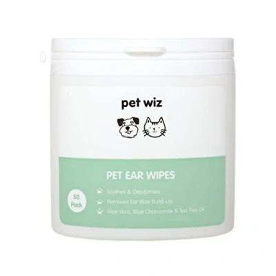 Image de pet wiz Lingettes auriculaires pour chiens et chats Nettoyer, apaiser désodoriser avec des ingrédients actifs naturels aloe vera, hamamélis, huile d&#039;arbre à thé extrait de camomille bleue