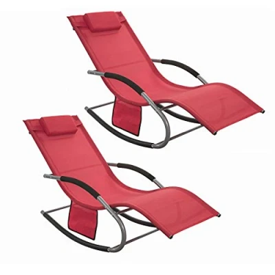 Image de SoBuy Chaise Longue à Bascule Lot de 2 Bains Soleil Fauteuil Transat Jardin avec Repose Pieds Rocking Chair, Rouge OGS28 Rx2