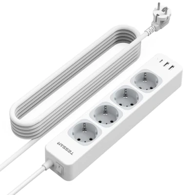 Image de TESSAN 4 Prises Multiprise avec USB C, Rallonge 5M, 7 en 1 Interrupteur, 3600W Prise Multiple de Distribution Murale, Blanc Bureau,