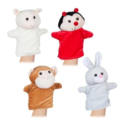 Image de Relaxdays Marionnette à Main, en Lot de 4, Singe, Lapin, Coccinelle, Mouton, Toute Douce, pour Enfant, Multicolore