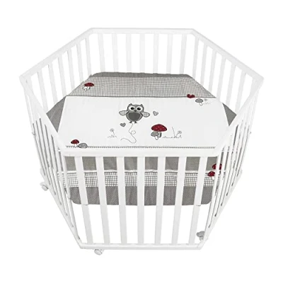 Image de roba Parc Bébé Hexagonal en Bois Adam &amp; Eule + Tapis de et Roulettes avec Freins Base Ajustable Hauteur Blanc