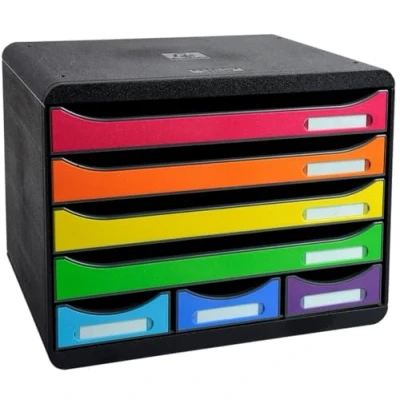 Image de Exacompta Réf. 307798D STORE BOX Caisson 7 tiroirs, 4 tiroirs pour documents A4+ et 3 MINI Dimensions extérieures : Profondeur 27 x largeur 35,5 Hauteur 27,1 cm Noir/arlequin