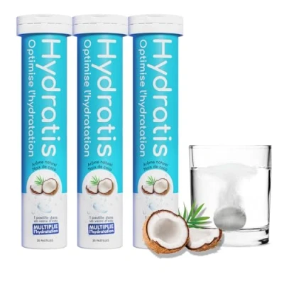 Image de HYDRATIS Pastilles Effervescentes Noix de Coco Optimise l&#039;Hydratation Riche en Minéraux Faible Sucre Goûts Légers Sport, Crampes, Récupération 60