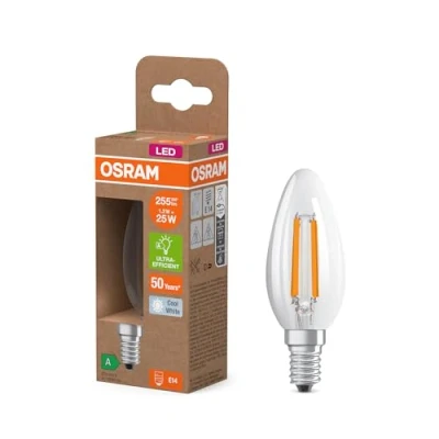 Image de OSRAM en forme de mini bougie classique, avec filament LED décoratif, classe d&#039;efficacité énergétique A, E14, 1,2 W, 255 lm, 2700 K, blanc chaud. Sans échauffement, 100% d&#039;éclairage immédiat.