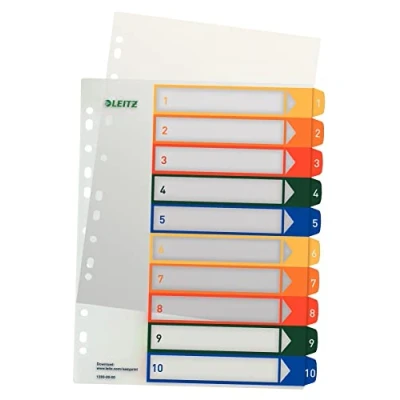 Image de Leitz Intercalaires 1 10, Imprimable sur PC, A4, Plastique Ultra Résistant, Extra Large, Blanc/Multicolore, 12930000