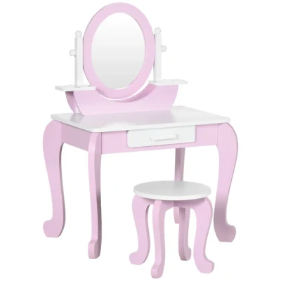 Image de ZONEKIZ Coiffeuse Enfant Table de Maquillage avec Tabouret Miroir et tiroir 65,5 x 46 93 cm Bicolore Rose Blanc
