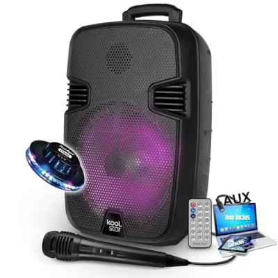 Image de Enceinte DJ Mobile sur batterie KoolStar STARLED 08, 100W, Boomers 20cm à LED, USB Bluetooth, Câble PC, Microphone, Light OVNI