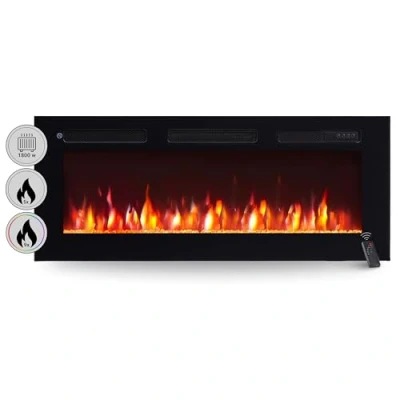 Image de BALDERIA Cheminée électrique Leif 40&quot; Foyer Mural avec Effet de Flammes 3D Chauffage 2000W, éclairage LED encastrable télécommande, minuteur &amp; Thermostat Noir