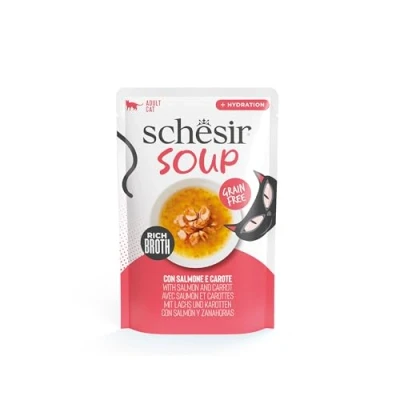 Image de Schesir, Soupe aux Filets de Saumon et Carottes, Nourriture Humide complémentaire pour Chats, Recette Originale, 100% Naturelle, 12 enveloppes 40 g