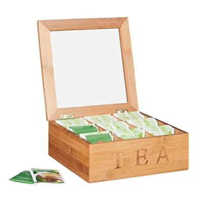 Image de Relaxdays 10024614 Boîte Bambou, fenêtre visualisation, Coffret à thé, Bois, 9 Compartiments, HLP 8,5 x 22 cm, Nature