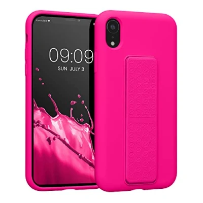 Image de kwmobile Coque Compatible avec Apple iPhone XR Housse Support Doigt en TPU Silicone Protection Fonction Rose Fluo