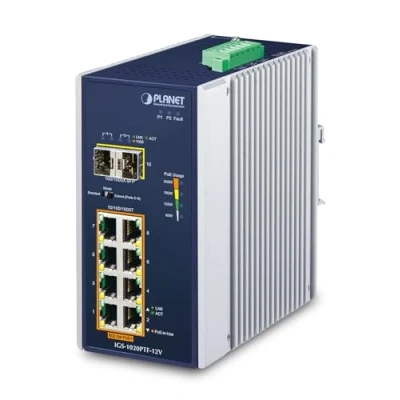 Image de Planet IP30 Ind 8 P 10/100/1000T 802.3at PoE + 2 Port 100/1000X, IGS 1020PTF 12V (802.3at 100/1000X SFP Ethernet Switch w/ Booster)