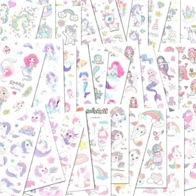 Image de ACWOO Tatouage Temporaire, 350+ Etanche Ephémère Licorne Fille Kit Tatoo, 30 Feuilles Sirène Tatouage, Fournitures de Fête d&#039;Anniversaire d&#039;Autocollants