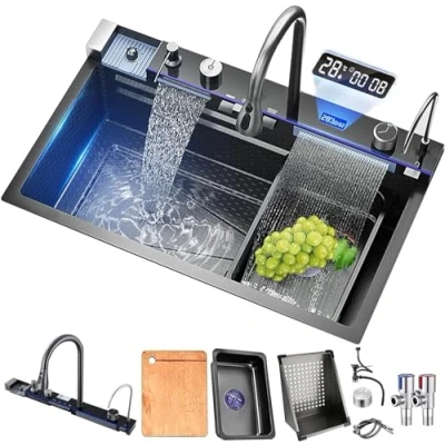 Image de FGNIXLN Évier de cuisine T304 en acier inoxydable multifonction Cascade Avec robinet numérique et divers accessoires 68 x 45 cm Gris foncé