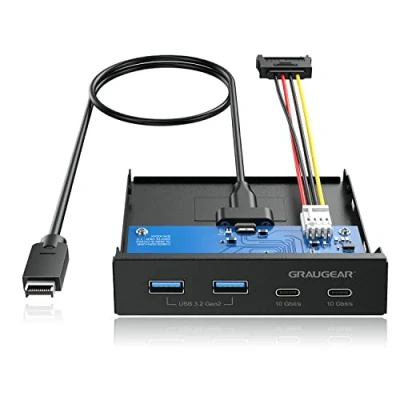 Image de GRAUGEAR Panneau Avant 4 Ports 10Gbit/s, 2X USB C+2X A HUB USB3.2 Gen2, pour Baie 3,5 Pouces, Gen2 Key 20 pin Header, métal