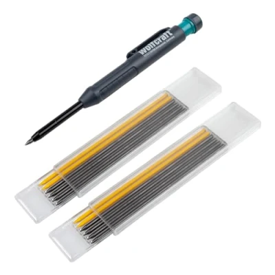 Image de wolfcraft 8661000 Kit de Crayon Chantier, Menuisier, Charpentier et 12 Mines Rechange (jaune grise) Diamètre 2,8 mm, Longueur 120 mm