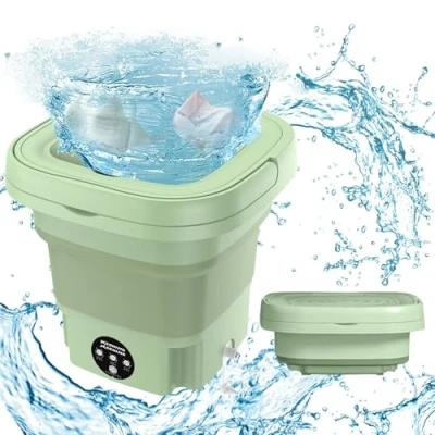 Image de Mini machine à laver Portable 8L, pliable avec essorage, seau linge pliable, Lave Mobile, pour les sous vêtements, chaussettes et petits objets Camping Voyage (Vert)