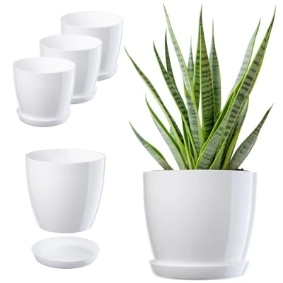 Image de KADAX Pot de Fleurs, Set Pots Plantes avec Soucoupe, Fleurs en Plastique, Rond pour l&#039;intérieur, Cache et d&#039;intérieur (Set of 3 20cm, Blanc)