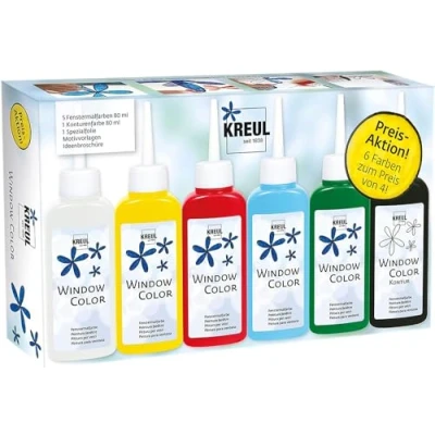Image de KREUL 42847 Window Color Set promotionnel, 5 bouteilles de peinture pour fenêtres à 80 ml, 1 bouteille contours feuille plastique spéciale &amp; modèles dessin