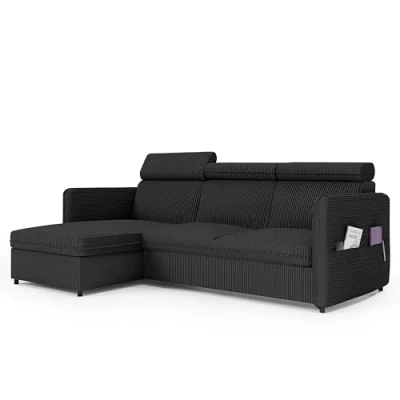 Image de GREKPOL Poso canapé d&#039;angle en velours côtelé, 160 x 220 cm, avec fonction couchage et tiroir de lit, 3 places, lit