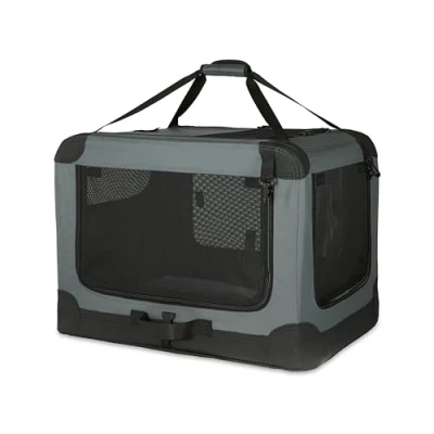 Image de Amazon Basics Niche de voyage pliable à 4 portes pour chien et chat, Gris, taille M 76 cm x 54