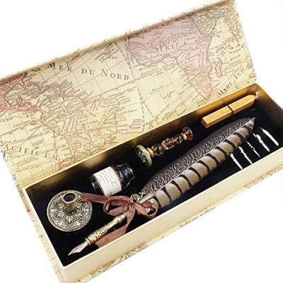 Image de GC QUILL Plumes de Calligraphie Fountain Dip Pen Plume à Encre Set avec 5 Rechange Porte Stylo, Sceau et Cire pour Signatures, Dessin, Ecriture, Décoration Cadeau LL 66