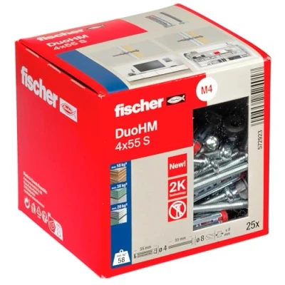 Image de fischer DuoHM Lot de 25 chevilles pour corps creux 4 x 55 S TX, à plaque avec vis tête panhead métrique et entraînement TX la fixation supports TV, luminaires, étagères murales,