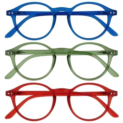 Image de OPULIZE REY Lunettes de Lecture Lot 3 Montures Rondes Rétro Bleu Mat, Vert, Rouge Hommes Femmes Charnières à Ressort RRR56 36Z +3.50