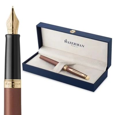 Image de Waterman Stylo plume Hémisphère L&#039;édition discrète Rouge Cuivre fine en acier inoxydable Encre bleue Coffret cadeau