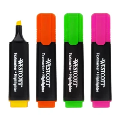 Image de Westcott surligneurs 4 pièces en vert, jaune, orange, rose Pack de couleurs vives 2 5 mm d&#039;épaisseur trait Encre Premium d&#039;Allemagne E 744249 00