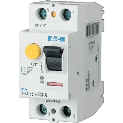 Image de EATON 264286 PFGM 63/2/003 INTERRUPTEUR DIFFERENTIEL Blanc MANETTE NOIRE 2 POLES / 63 A 30 MA TYPE AC Raccordement à vis