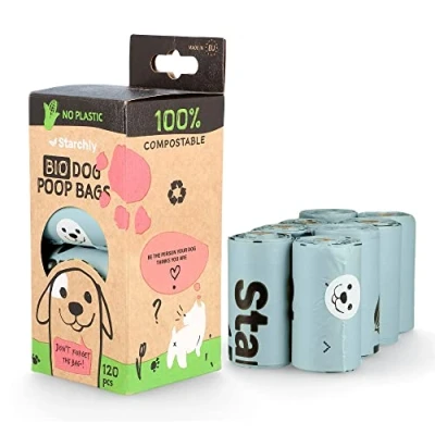 Image de Starchly Lot de 120 sacs à déjections canines compostables Respectueux l&#039;environnement Anti fuite À base d&#039;amidon Bleu