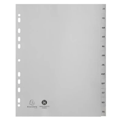 Image de Exacompta Réf. 2812E Carton de 10 Intercalaires gris en polypropylène recyclé 12 onglets imprimés mensuel Janvier à Décembre Format classer A4 maxi 24,5 x 29,7 cm certifiés Ange Bleu