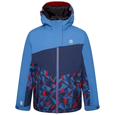 Image de Dare2b Humor II Jacket Veste de ski enfant, Tissu recyclé imperméable et respirant, Jupe pare neige, 2 poches basses zippées, Capuche technique ajustable, Bleu/Bleu Foncé/Rouge, 15 ans