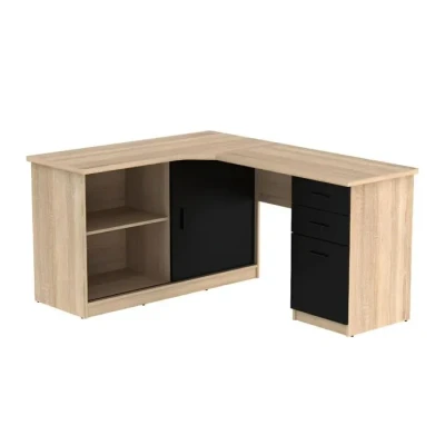 Image de Vente unique Bureau d&#039;angle NORWY 2 Portes &amp; tiroirs Chêne et Noir avec Rangement