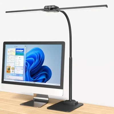 Image de KableRika Lampe de bureau LED avec Métal Base: Double Tête, Grande design, réglage intensité, lumiere protection des yeux pour ecran pc, dessin, deux bureaux, puzzle Noir