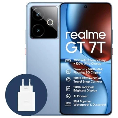 Image de realme GT 7T 5G Smartphone,12+256GB,Batterie 7000 mAh,120W Charge,Processeur Dimensity 8400 MAX, Appareil Photo IMX896 50MP,AI Planner,Écran e Sport Pro 6000 nits 120Hz, IP69, Bleu,Exclusivité Amazon