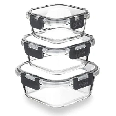 Image de Igluu Meal Prep Lot de 3 boîtes carrées empilables en verre Sans BPA Couvercle hermétique à charnière anti fuite Passe au micro ondes, four et lave vaisselle (800 ml, 520 320 ml)