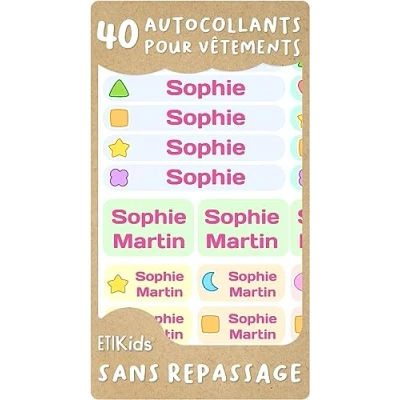Image de 40 Étiquettes autocollantes pour vêtements, pas de repassage nécessaire. personnalisées et résistantes à la machine laver, micro onde. Autocollant fourniture scolaire (40, FORMES)