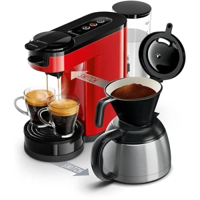 Image de Philips Domestic Appliances SENSEO Switch Machine à Café Dosettes et Filtre Technologie 2 en 1, Réservoir d&#039;Eau de 1 L, 7 Tasses une Seule Fois, Couleur Rouge (HD6592/85)