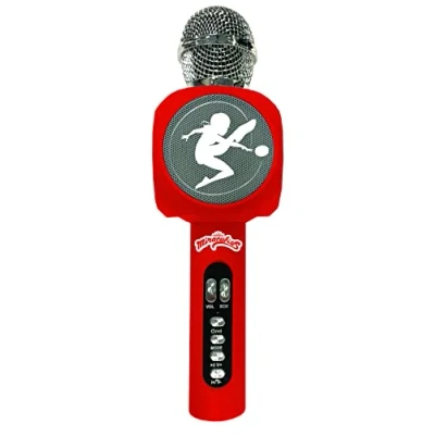 Image de Lexibook Miraculous Ladybug Chat Noir, Microphone sans Fil avec Enceinte et lumières, Bluetooth, Fonction Changement de Voix, Effets Lumineux, Port Micro SD, USB, MIC260MI, Rouge/argenté, M