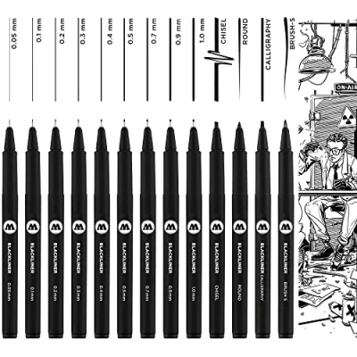 Image de Molotow Blackliner Lot de 13 crayons à encre indélébile, avec pointe fine 0,05 1,0 mm et spéciale, étui, noirs