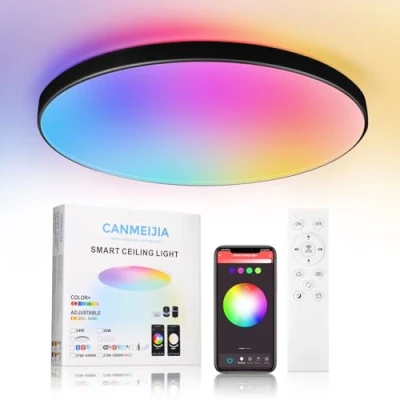 Image de CHENBEN Plafonnier LED Alexa WiFi Tuya 24W Luminaire Dimmable avec Télécommande et App,Lampe RGB 3000K 6500K Couleur,IP44 Éclairage de Plafond pour Chambre,Salle Bain,Salon,Ø32CM