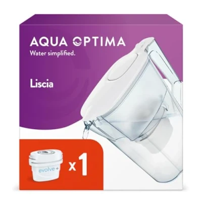 Image de Aqua Optima Liscia Carafe Filtrante et 1 Cartouche Evolve+ 30 Jours, Capacité 2,5 litres, Pour la Réduction des Microplastiques, du Chlore, Calcaire Impuretés, Blanc