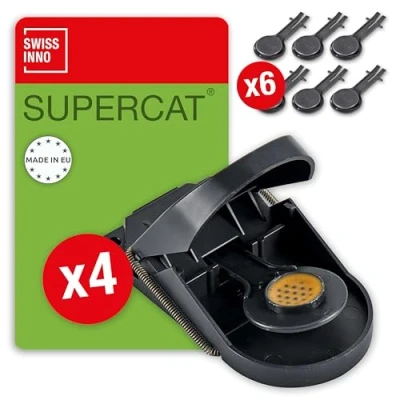 Image de SWISSINNO Piège à Souris SuperCat x4 + Recharge d&#039;appât x6. Prêts l&#039;emploi et Réutilisable. Utilisation Intérieure Extérieur. Sans danger pour les enfants animaux. Fabriqué en UE. Lot de 10