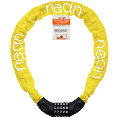 Image de cadenas de vélo nean avec chiffres et niveau sécurité élevé, antivol chaîne bicyclette, à combinaison code numérique, maillons en acier trempé, 6 mm x 900 (jaune)