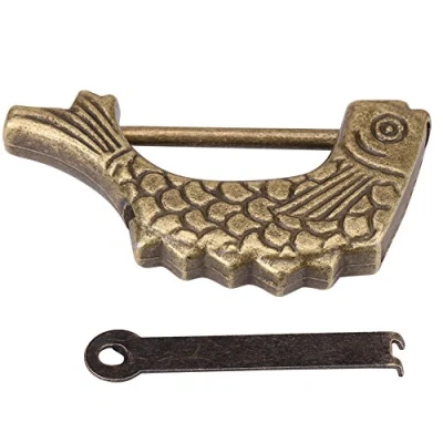 Image de Serrure en Forme de Poisson Métal Bronze Antique Ancien Cadenas Chinois avec Clé pour Boîte à Bijoux Tiroir 59 x 31mm